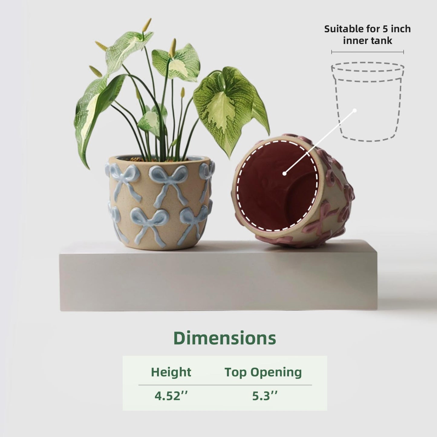 Yokiiimakiii Ceramic Flower Pots for Indoor and Outdoor Plants, Succulent Orchid Round Clay and Terracotta Planter for Garden Home Modern Decoration 5.3 Inch (Blue Bow, Without Saucers)