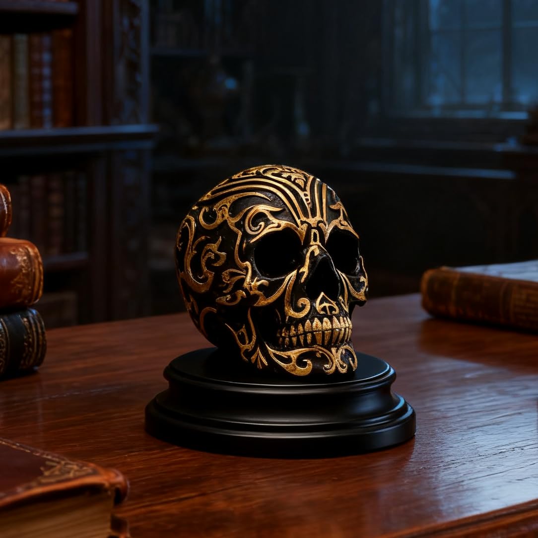 Gothic Skull Head Home Decor - 5.2 Inch Resin Skeleton Skull Halloween Statue, Skull Model for Bookshelf and Desktop,Party, Desk Altar Decoration