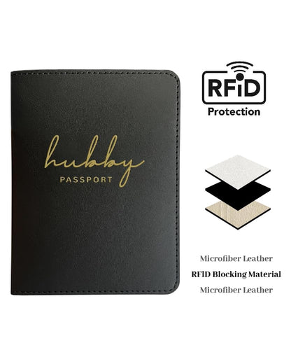 HubbyWifeyGifts Matching Passport Holder for Hubby and Wifey, PU Leather Passport Cover with RFID Blocking, Honeymoon Essentials for Travel, Engagement Gifts for Couples