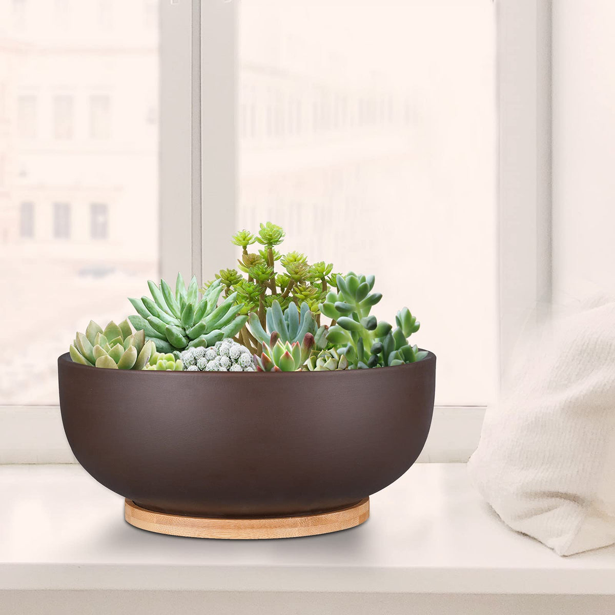 Thirtypot 10 Inch Terracotta Planter, Large Succulent Bonsai Planter Pot with Drainage Hole and Bamboo Saucer for Indoor Plants, Brown