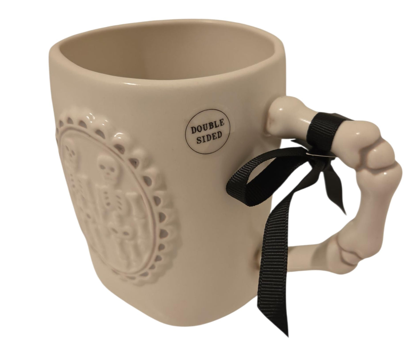 Rae Dunn Till death do us part Halloween Ceramic coffee mug Double sided with skeleton couple on reverse.