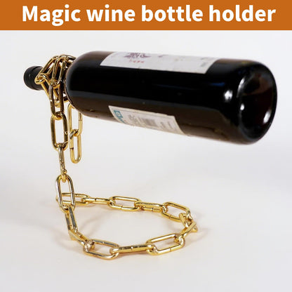 TBWHL Novelty Magic Wine Bottle Holder Floating Steel Link Chain Wine Bottle Rack/Holder - Holds Bottles in The Air, Unique Levitating Wine Bottle Stand for Home Bar, Kitchen, or Party Deco（Gold）