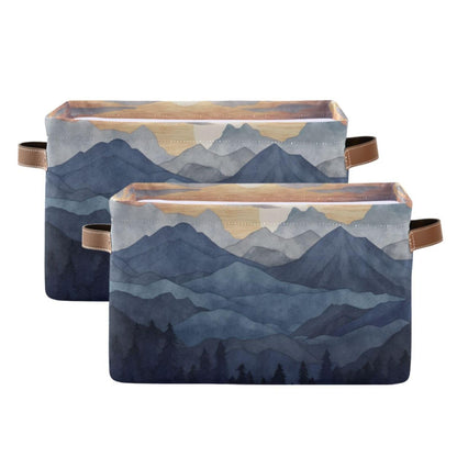YEGAME Storage Basket Nature Mountain Rectangular Collapsible Canvas Shelves Storage Bins with Leather Handles for Shelves Home Closet Bedroom Living Room, 1Pack