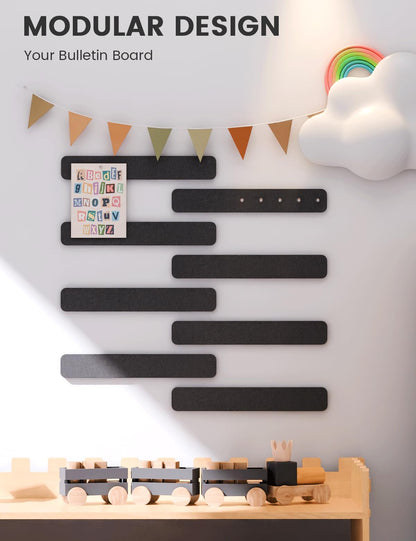 Fluxynara Cork Board Alternative Felt Strip Board 8-Pack 13"x2", Office Pin Board with 50 Push Pins, Adhesive Install for Bedroom Door & Home Office (Black)