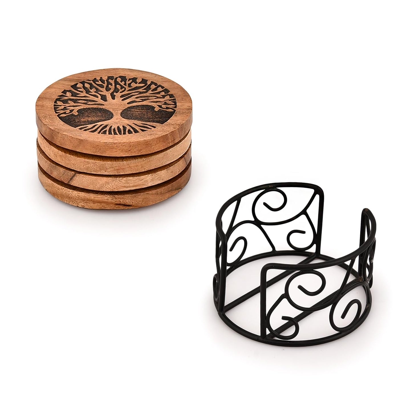 Samhita Tree of Life Wooden Coaster Set with Iron Holder – Acacia Wood & Iron Drink Coasters, Set of 4, Decorative Table Coasters for Home & Office Décor