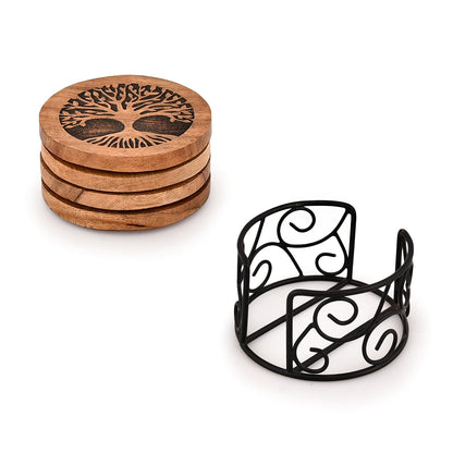 Samhita Tree of Life Wooden Coaster Set with Iron Holder – Acacia Wood & Iron Drink Coasters, Set of 4, Decorative Table Coasters for Home & Office Décor