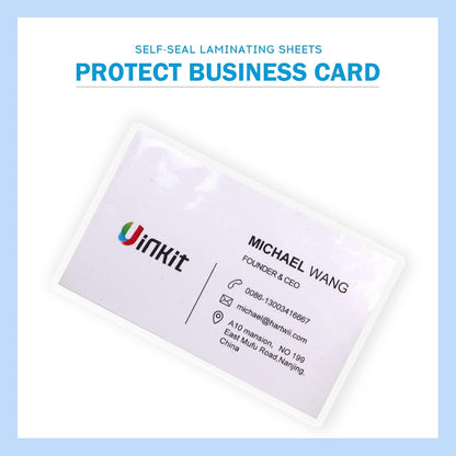 Uinkit 10 Mil 50 Pack Self Sealing Laminating Pouches, Laminate Plastic Sheets for 2.6 x 3.9-Inches Bussinesss Card Size Papers, Use in Office School Home Supplies, Glossy Finish, No Laminator Need