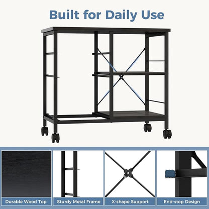 OLIXIS 3-Tier Printer Stand with Fabric Storage Drawer, Rolling Printer Cart with Lockable Wheels and Metal Frame, Under Desk Table with Open Storage Shelf for Small Spaces, Home, Office, Black