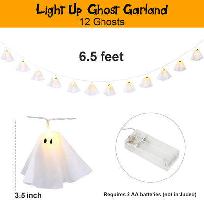Halloween Decoration-Light Up Ghost Garland-Handmade Ghost Lights Banner for Home Party Fireplace Mantle Windows Decor