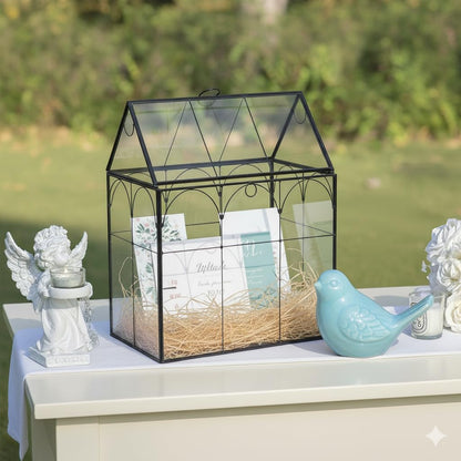 Greeting Card Storage Box for Wedding - Handmade, Arched Lid, Gold Clear Glass Card Holder for Wishing Well - Wedding Party Reception Decoration Storage, Large (Glass Box Only)