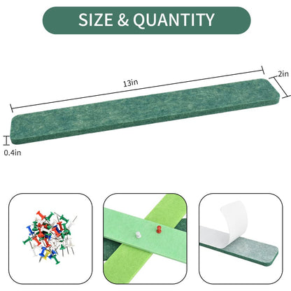 Vuzvuv 8Pcs Green Cork Board Bar Strips with 50 Pushpins & Sticky Notes, Self-Adhesive Bulletin Board Strips No Damage for Wall, Felt Pin Board for Paste Notes, Photos, Schedules Office Decor