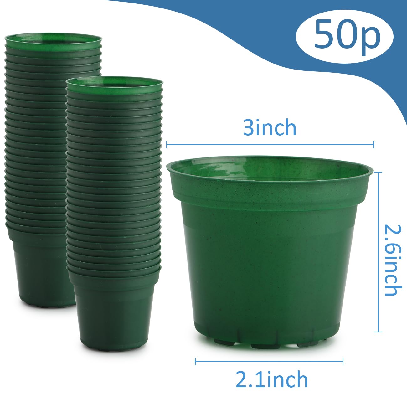 RooTrimmer 3 Inch Plastic Nursery Pot with Drainage, Raised Base - Green Flexible Planters for Seedlings, 50 Pack, Durable & Lightweight for Indoor/Outdoor Gardening