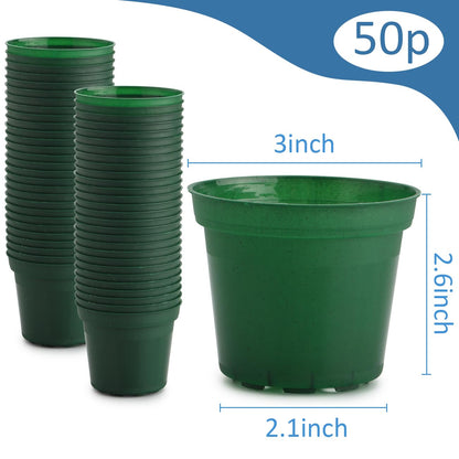 RooTrimmer 3 Inch Plastic Nursery Pot with Drainage, Raised Base - Green Flexible Planters for Seedlings, 50 Pack, Durable & Lightweight for Indoor/Outdoor Gardening