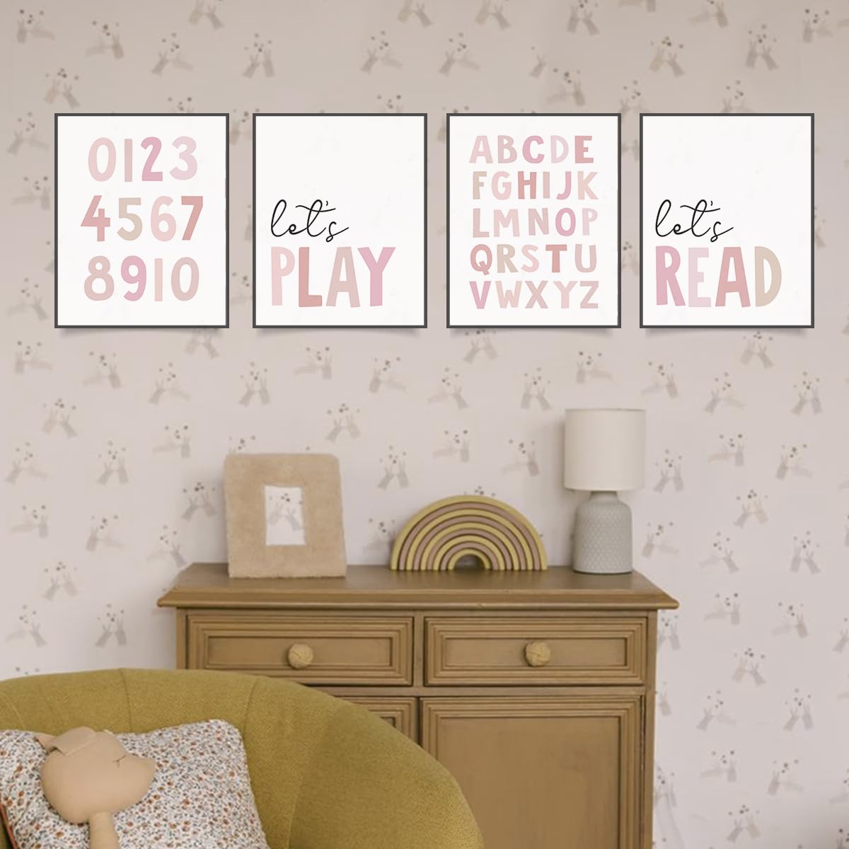 PLKMN Let's Play Read Wall Art Set of 4, Educational Posters, Montessori Classroom Decor, Neutral Kids Decor,Alphabets Number Prints for Nursery Classroom,8x10 Unframed - Pink