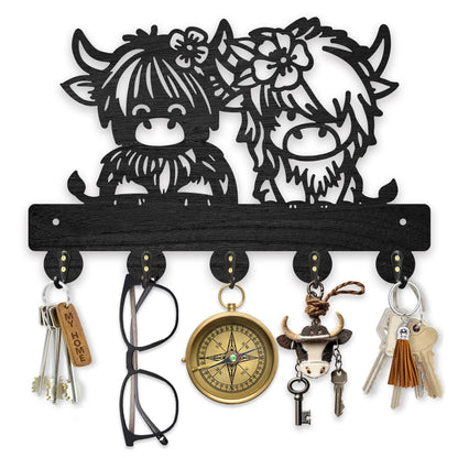 MAYJOYDIY Wooden Calf with Flower Key Holder for Wall 11.8x7.8inch Small Cows Wall Mounted Key Rack Animal Theme Coat Hat Hook 5 Alloy Hooks for Entryway Front Door Hallway Wall Art Decor