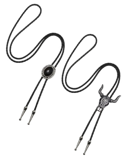 KRLBZER 2 Pcs Bolo Tie for Men, Black and Silver Western Necktie, Adjustable Leather Rope Necklace with Metal Pendant, Cowboy Costume Accessories for Women Men