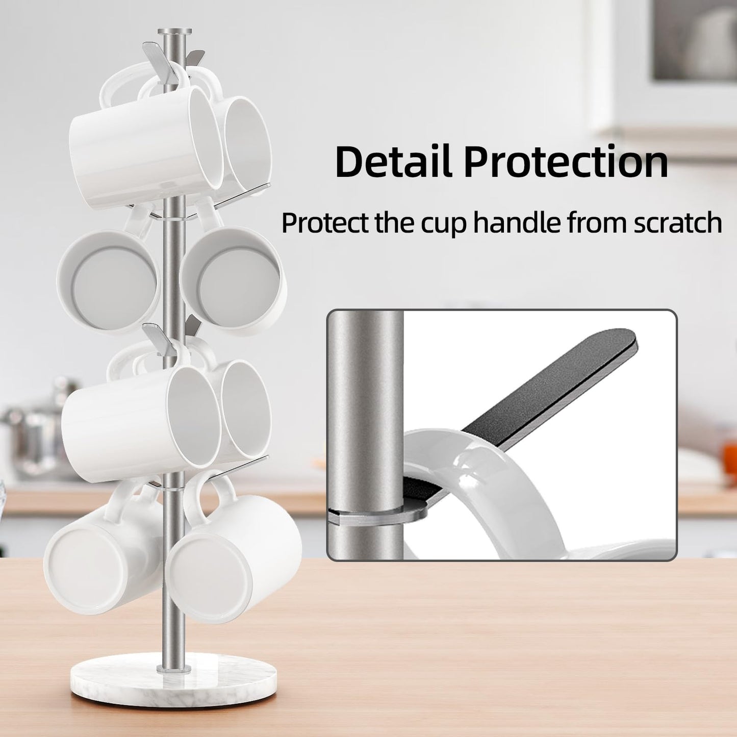 Gypie Marble Mug Holder Tree, 8 Hooks Brushed Nickel Coffee Cups Stand, New Upgraded Stable Mug Stand for Kitchen Counter Cabinet Cafe