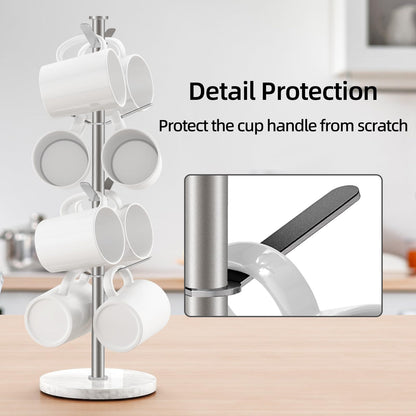 Gypie Marble Mug Holder Tree, 8 Hooks Brushed Nickel Coffee Cups Stand, New Upgraded Stable Mug Stand for Kitchen Counter Cabinet Cafe