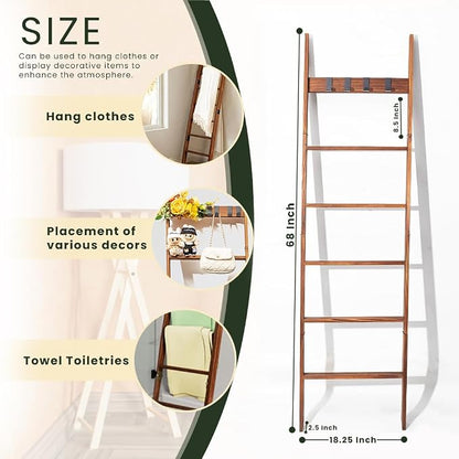 Decorative Wooden Blanket Ladder with Removable Hooks for The Living Room & Bedroom, Pine Wood, Easy Assembly 6-Tier Wall Leaning Rack Stand 68 inch for Displaying Blankets & Scarves, Brown