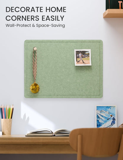 Fluxynara Bulletin Board, 23.6" x 17.5" Cork Board Alternative with 12 Safe Removable Adhesive Tabs, Foldable Felt Pin Board for Home Office, Classroom, Bedroom,Entryway for Walls—Moss Green