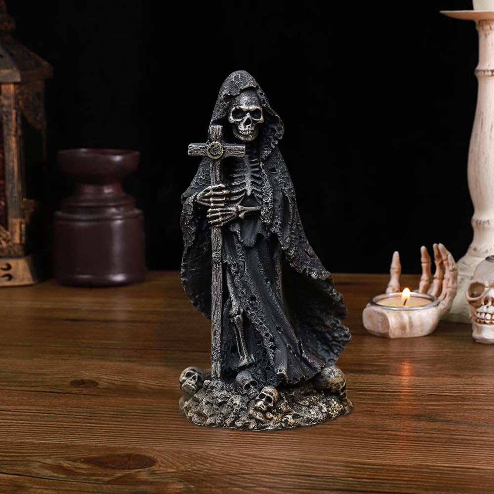MBVBN Halloween Skeleton Statue - Gothic Decor with Skull Resin Art Sculpture, Cross Cloak Skeleton for Table Decor