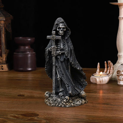 MBVBN Halloween Skeleton Statue - Gothic Decor with Skull Resin Art Sculpture, Cross Cloak Skeleton for Table Decor