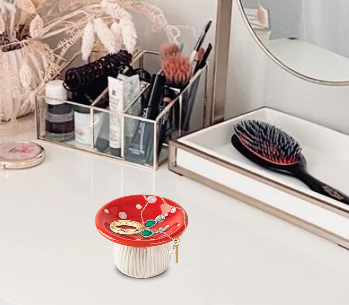 dgudgu Mushroom Ring Holder Jewelry Tray Red Dish Ceramic Trinket Storage Jar Mini Engagement Ring Holder