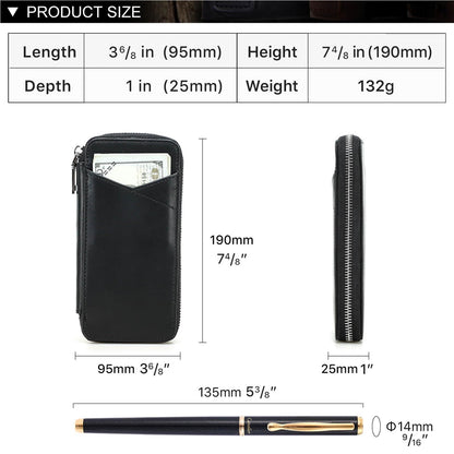 Hiram Handmade 4-Pen Case, Triple-Zip Crazy-Horse Leather Pouch with Microfiber Suede Lining, Heart-Stamped, Fountain/Ballpoint Box, Vintage Executive Stationery Storage(Black)