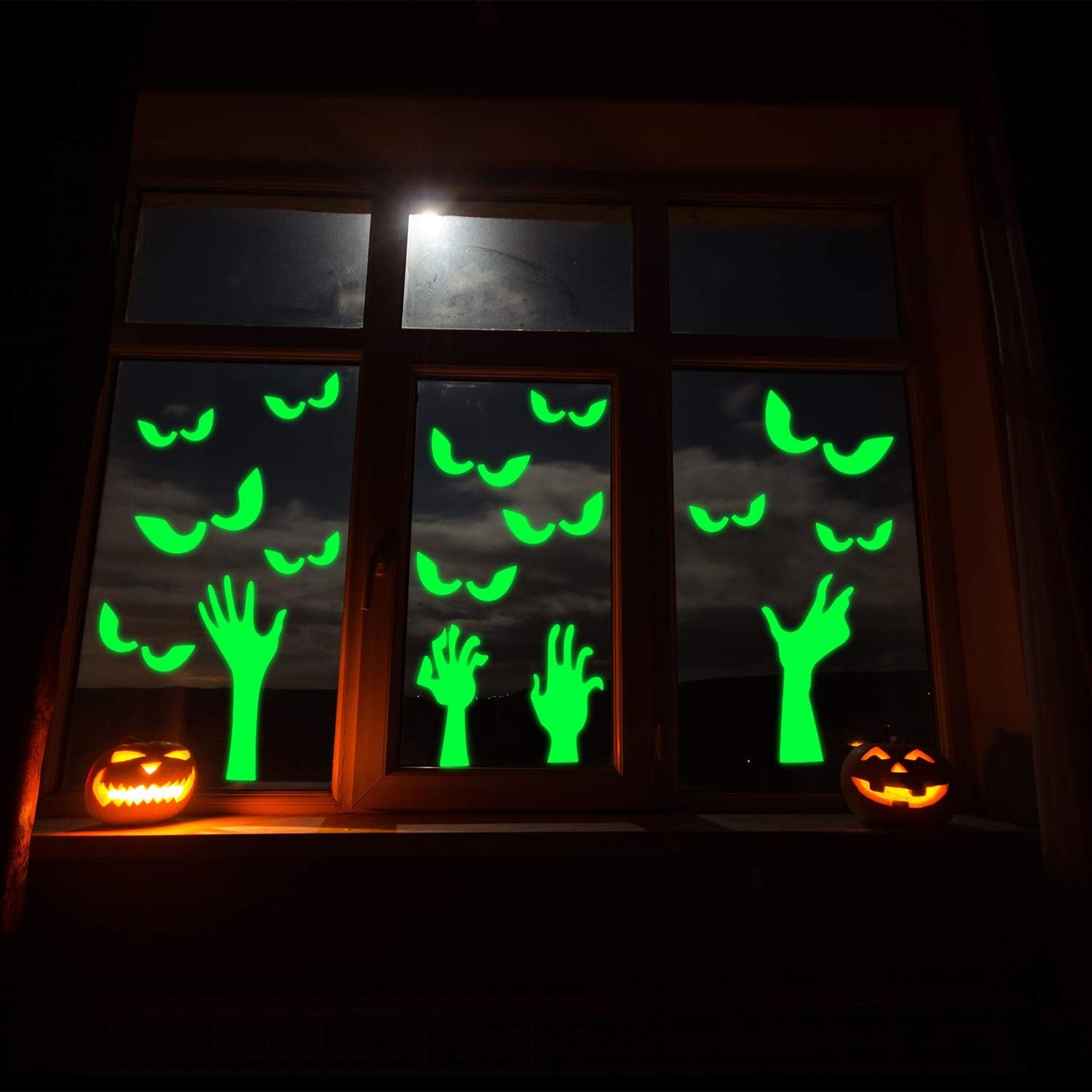 Halloween Glow in The Dark Wall Stickers Set 4 Pieces Ghost Hands Shape Luminous Stickers and 18 Pairs Peeping Eyes Fluorescent Wall Stickers Spooky Window Clings Stickers for Halloween Party Favor