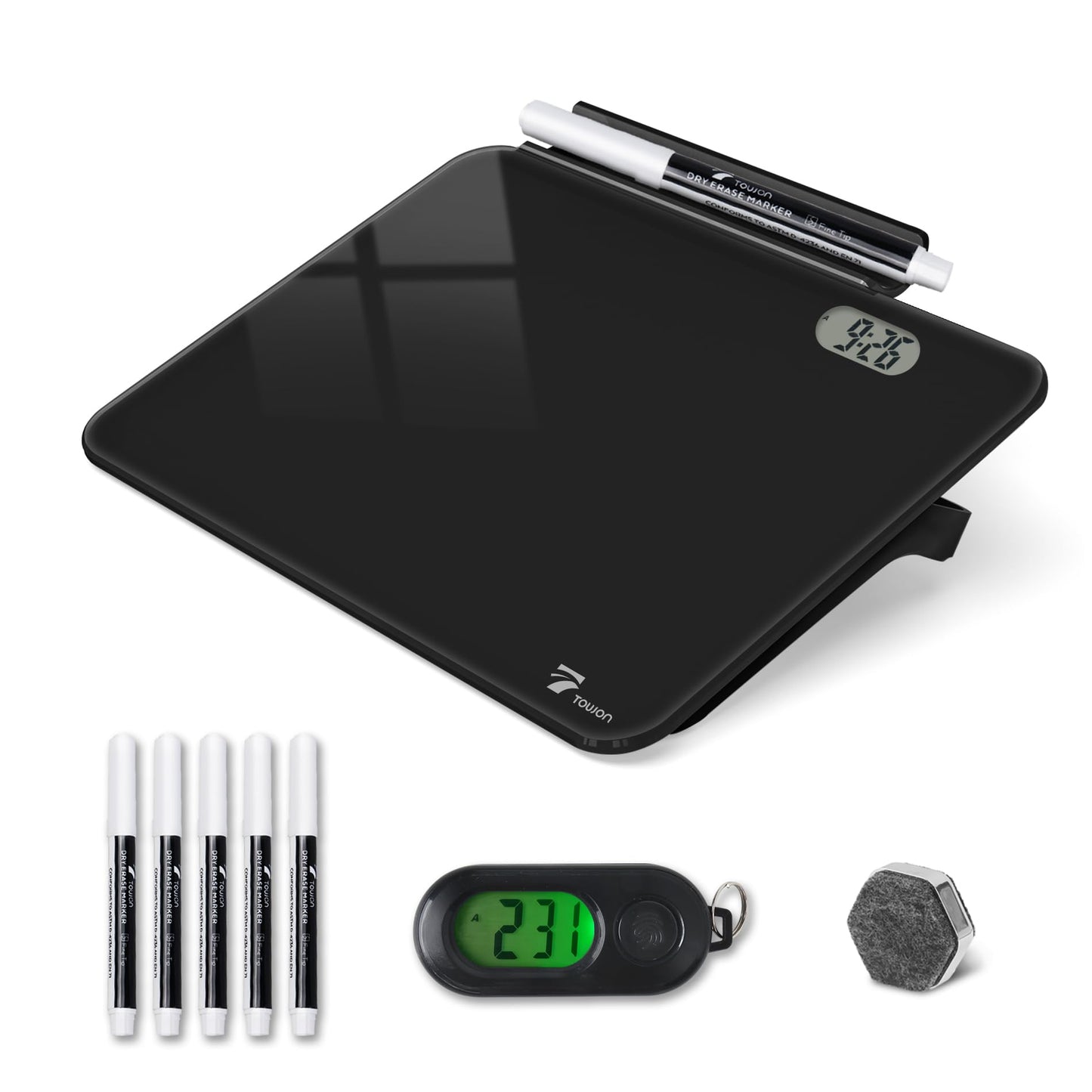 TOWON Small White Board for Desk with Clock, Small Desktop Whiteboard Glass with Pen Holder, Time Reminder Dry Erase Board, Whiteboard for Desk, Digital LCD Display, for Home Office, Black, 8 x 6 in