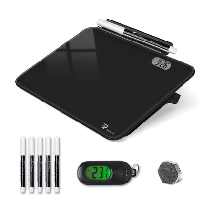 TOWON Small White Board for Desk with Clock, Small Desktop Whiteboard Glass with Pen Holder, Time Reminder Dry Erase Board, Whiteboard for Desk, Digital LCD Display, for Home Office, Black, 8 x 6 in