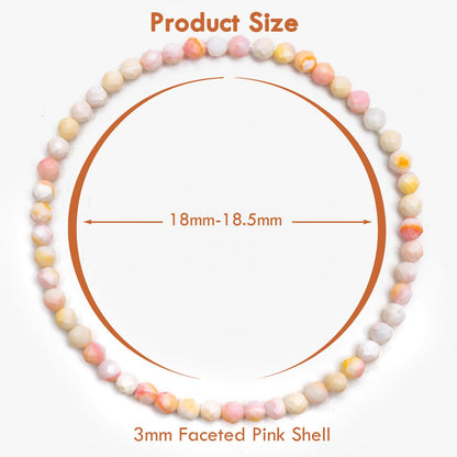 BONNY BOXX Natural Genuine Gemstone Faceted Round Beads Bracelets, 3mm Adjustable Stretchy Tiny Faceted Pink Shell Bracelet, Healing Crystal Reiki Chakra Dainty Jewelry Fashion Gifts