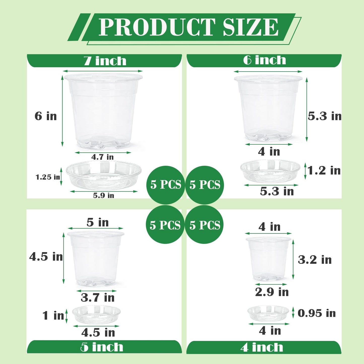 4/5/6/7 Inch Clear Nursery Pots with Saucers, 20 Pack Multiple Sizes Plastic Seedling Pots with Drainage Holes, Reusable Transparent Planters for Succulents, Cuttings, Indoor Outdoor Gardening