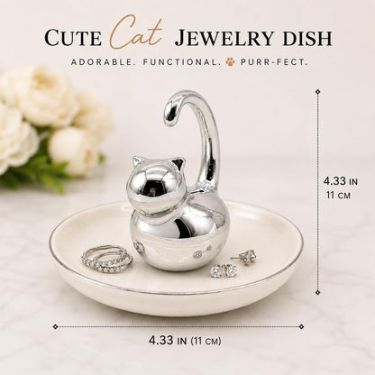 Cat Ring Holder Jewelry Dish–White & Silver Fat Cat Ceramic Trinket Tray,Birthday,Wedding,Graduation Gift for Women & Girls,Rings Earrings Necklaces Bracelets–Vanity,Nightstand,Dresser,Bathroom