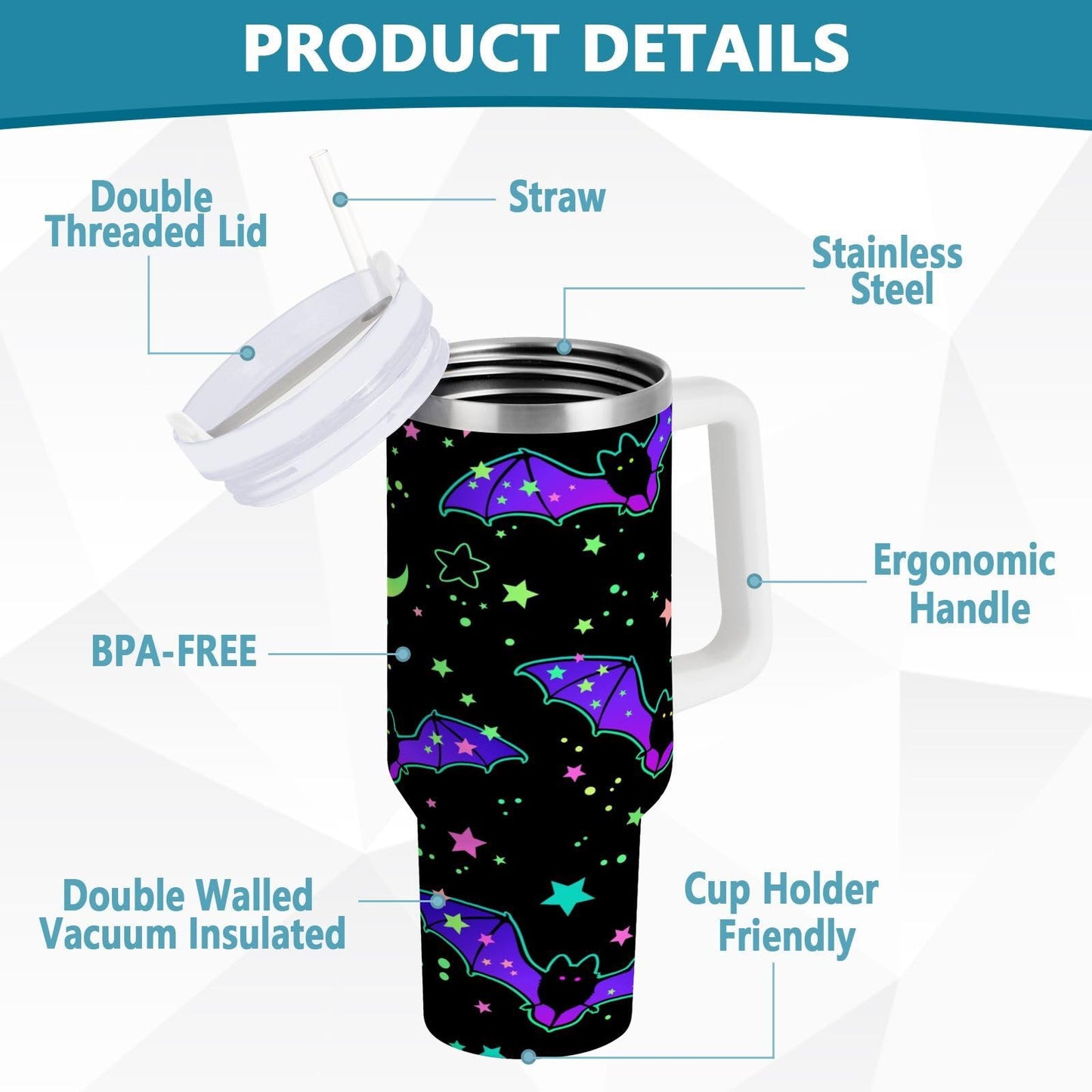 YETTASBIN Halloween Bat 40 oz Tumbler with Handle, Stainless Steel Vacuum Insulated Sports Water Bottle, Leak-proof Travel Coffee Mug Cup with Lid and Straw for Water, Iced Tea or Coffee