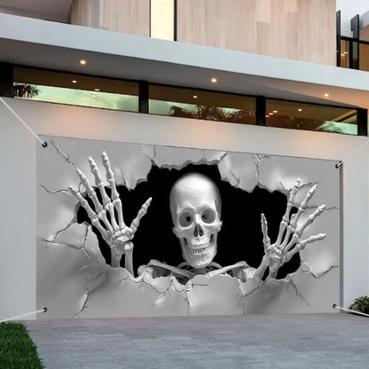WDESYADMS Skeleton Garage Door Cover 157.48 × 70.87 Inch Scary 3D Cracked Wall Skeleton Garage Door Decoration for Outdoor Halloween Party Yard Home Decor