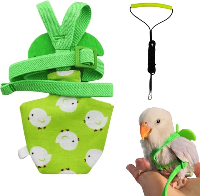 Adjustable Bird Diaper Harness Flight Suit Clothes with 80 Inch Flying Leash Rope for Parrots Conure Cockatiel (Green,XL)