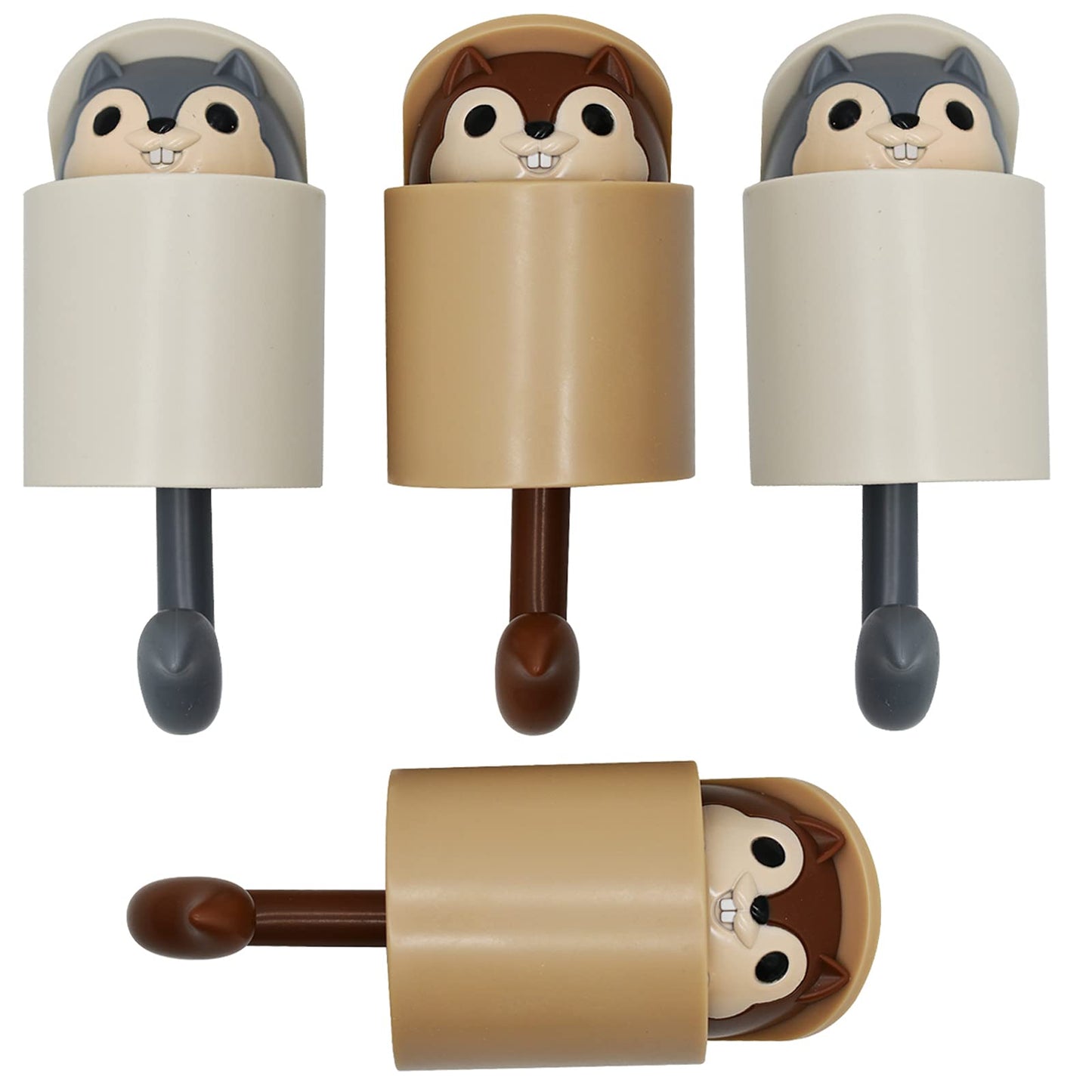 Maydahui 4 PCS Squirrel Shaped Adhesive Wall Hook Cute Cartoon Animal Wall Hooks Brown Gray for Living Room Bedroom Home Decoration