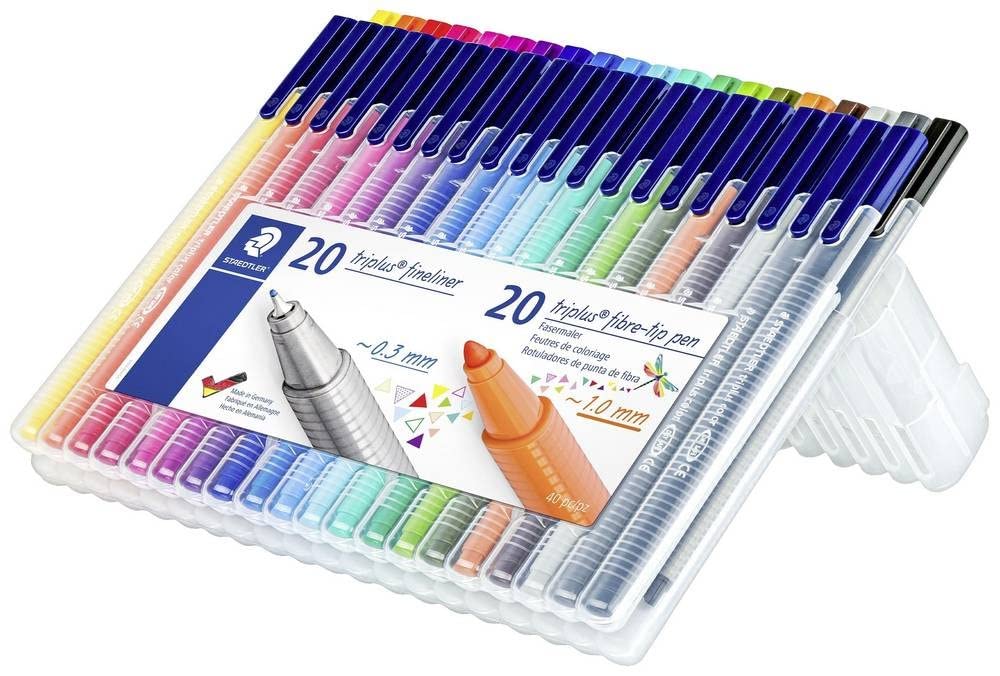 STAEDTLER Triplus Fineliner and Fibre Tip Pen Set, Mix & Match Feature, Ergonomic Triangular Shape, Dry Safe, in Practical Box with 20 Fineliners and 20 Fibre Tip Pens, 34 SB40, Set of 40