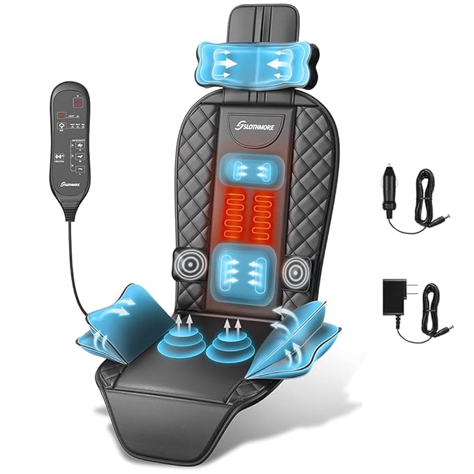 comrelax Back Massager with Heat & Traction & Vibration, Chair Massager Pad, Seat Massage for Pain Relief Deep Tissue, Lumbar Traction, PU Leather, Foldable, for 5’1” to 6’1”