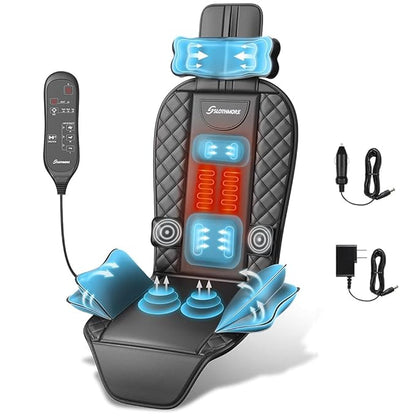 comrelax Back Massager with Heat & Traction & Vibration, Chair Massager Pad, Seat Massage for Pain Relief Deep Tissue, Lumbar Traction, PU Leather, Foldable, for 5’1” to 6’1”