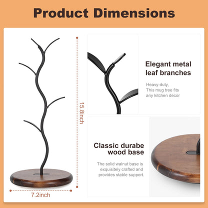 Noeixrah Mug Tree Holder, Bronze Metal Leaf Branch & Solid Wood Base Mug Holders, Countertop Coffee Mug Trees Organizer for Kitchen, 4 Hooks, Sleek Modern Decor for Coffee Station