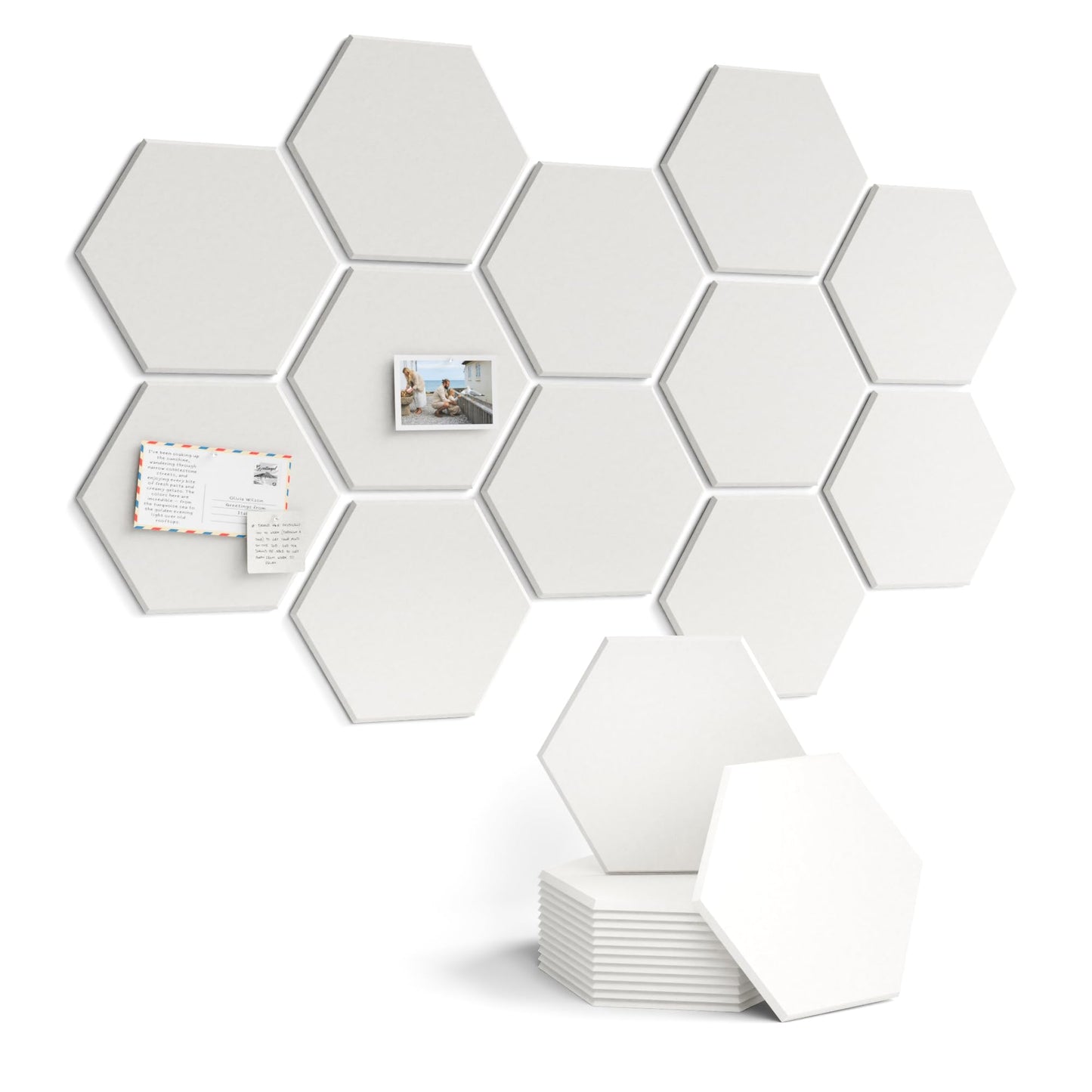 Fluxynara Hexagon Cork Board Alternative for Walls Decor-12-Pack Felt Bulletin Board Tiles,with 30 Pushpins,70 Adhesive Tabs for Office,Classrooms & Home Pin Board Felt Board-Milky White
