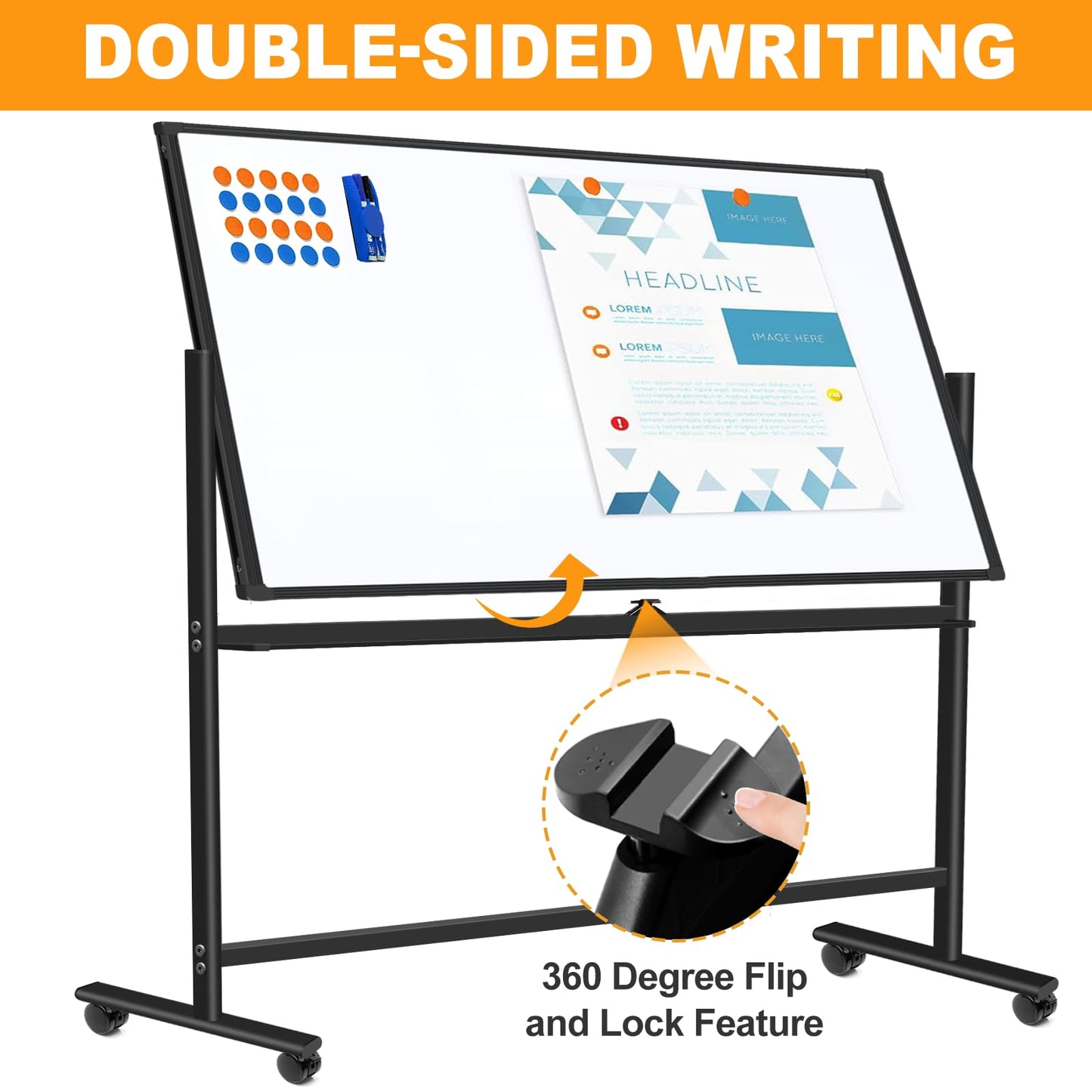 Rolling Whiteboard on Wheels 72"x48", Double-Sided Dry Erase Board with Stand, Big White Board with Stand Portable Magnetic Mobile White Board with 2 Eraser, 6 Markers, 20 Magnets