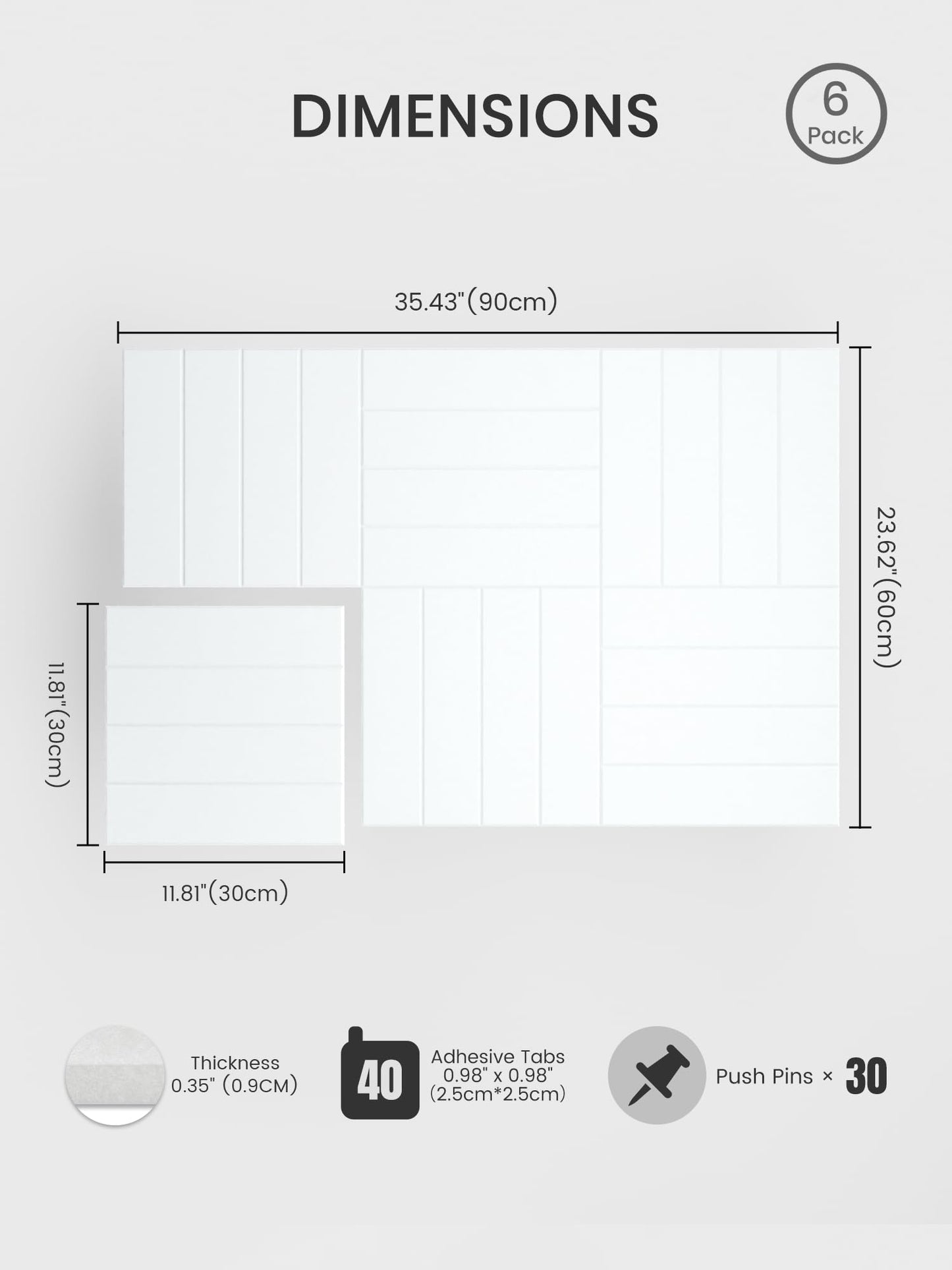 Bumusty Large Cork Board Alternative-36 x 24" Felt Bulletin Board Tiles, with 30 Pushpins, 40 Adhesive Tabs, Bold-Stripe 6-Pack, Cork Boards for Office Push Pin Board Felt Board-Cold White