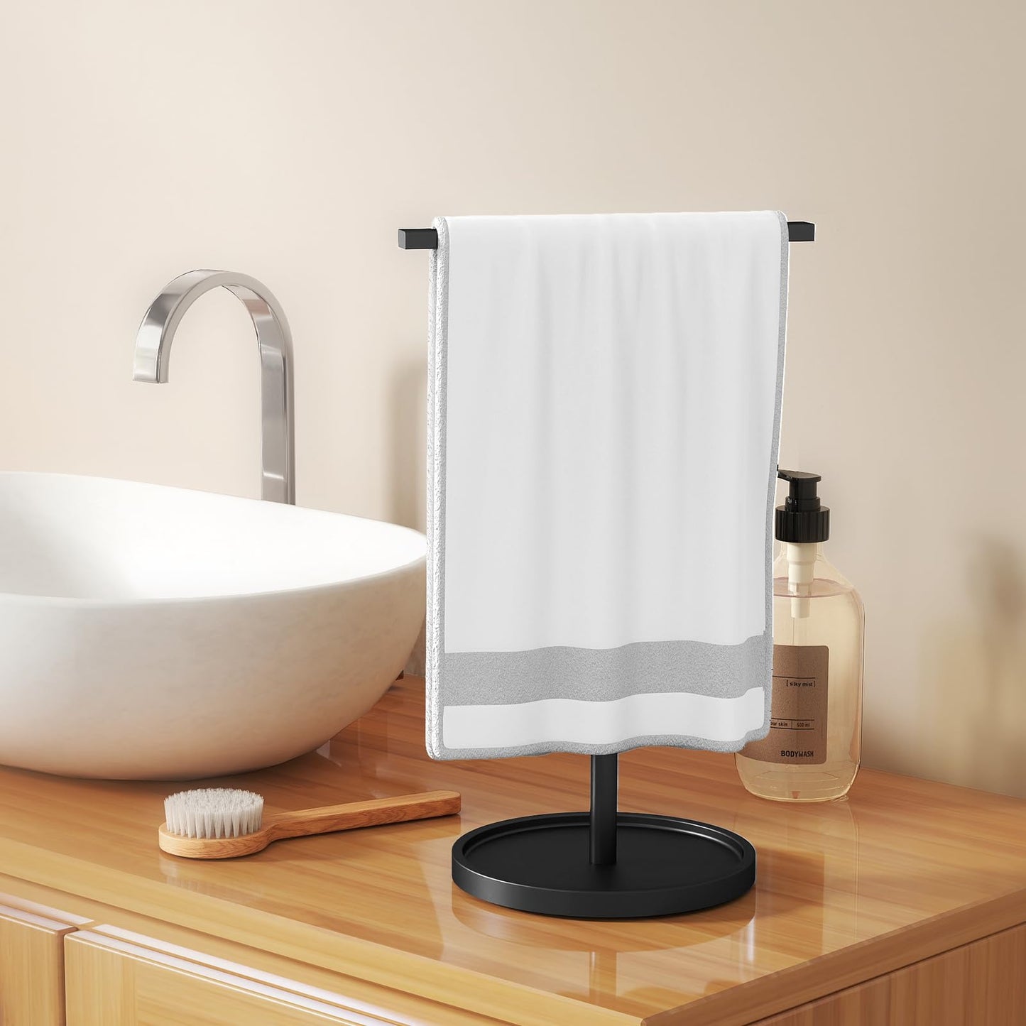 Hand Towel Stand, Hand Towel Holder for Bathroom Countertop Kitchen, 16.5IN Adjustable Retractable T-Shape Hand Towel Rack, Matte Black