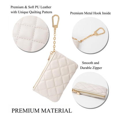LARENNT Quilted Leather Coin Purse with Keychain - Small Coin Pouch Key Pouch Small Card Holder Keychain Wallet Change Purse for Women and Men (Creamy-white)