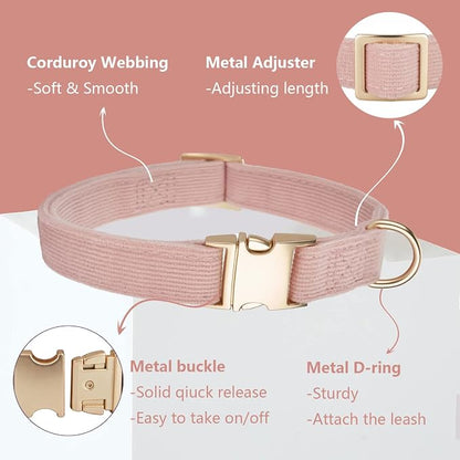 Soft Corduroy Dog Collar and Leash Set Adjustable Durable Dog Collars with Metal Buckle and Lead for Female Medium Dogs,Baby Pink