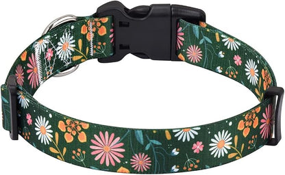 Mihqy Dog Collar with Bohemia Floral Tribal Geometric Patterns - Soft Ethnic Style Collar Adjustable for Small Medium Large Dogs(Dark Green Flower,M)