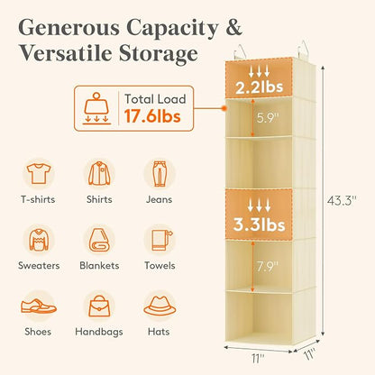 Lifewit 6 Tier Hanging Closet Organizer and Storage for Shelves, 1 Pack Foldable Clothes Shelf with 2 Sturdy Hooks, Sweater/Coat/Shoes Clothing Organization for Wardrobe, Dorm, Bedroom, Beige